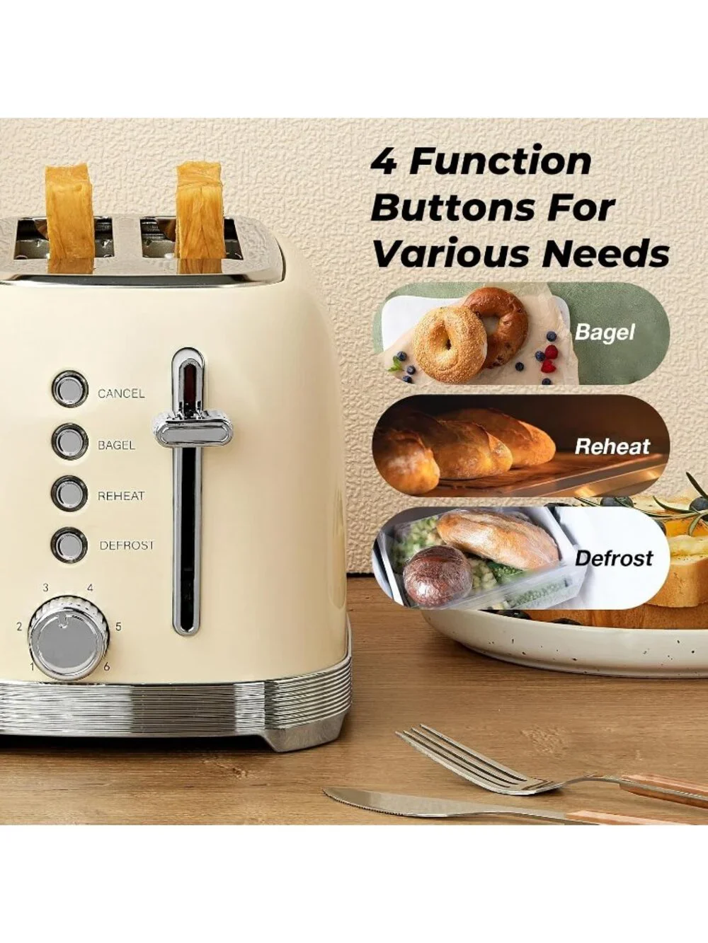 2 Slice Retro Cream Stainless Steel 1.5” Extra Wide Slots with Bagel Toaster